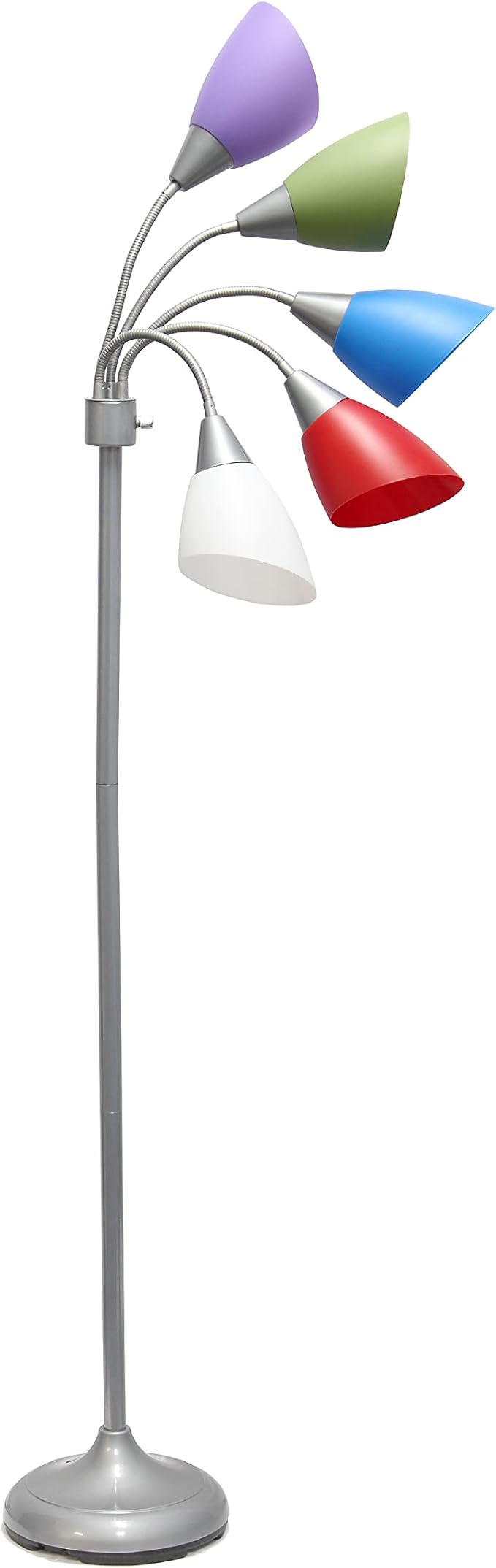 Simple Designs LF2006-SDM 67" Contemporary Multi Head Medusa 5 Light Adjustable Gooseneck Silver Floor Lamp with Primary Dark Multicolored Shades for Kids Bedroom Playroom Living Room Office