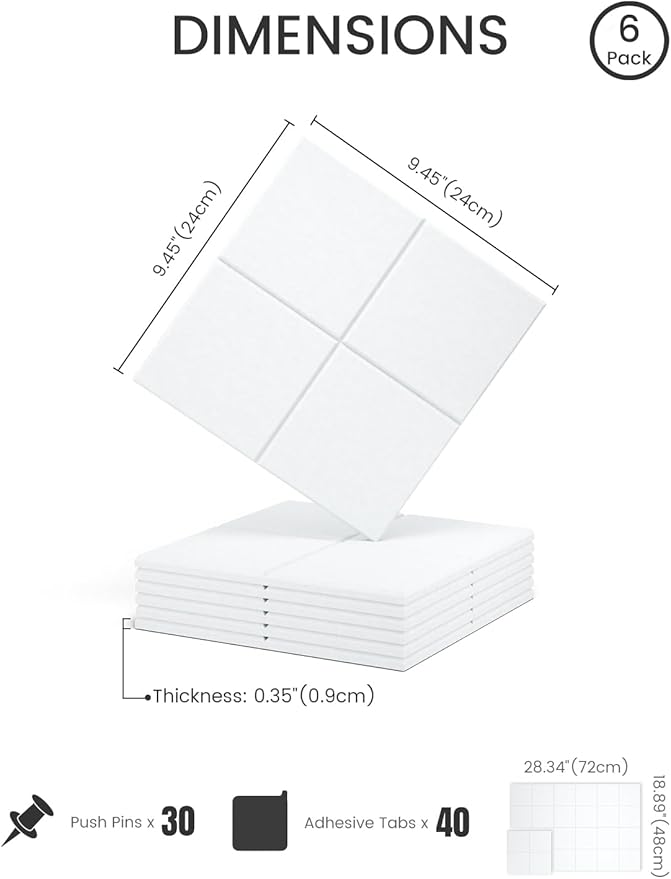 Fluxynara Felt Bulletin Board Tiles -28"x18" Cork Board Alternative for Office Decor, Push Pin Board Wall Organizer 6-Pack -Cold White