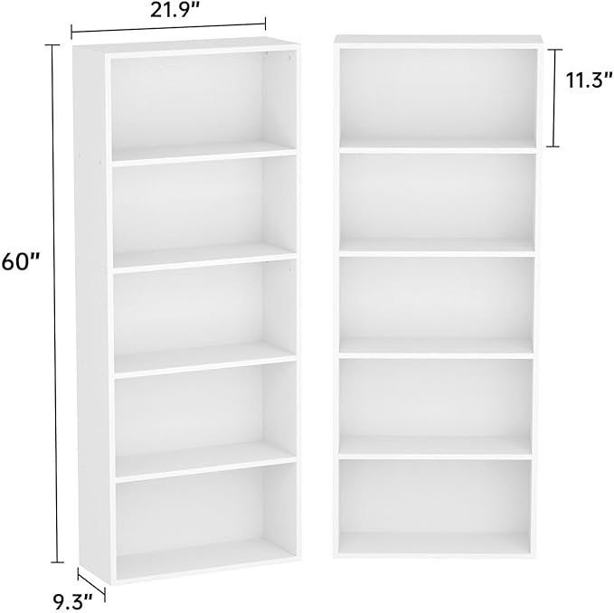 5-Tier Bookshelf & Bookcase Set of 2, Floor Standing Open Book Shelf, Wooden Display Storage Shelves with Anti-Tipping Device, 60" Tall Bookshelves for Bedroom, Living Room and Office, White