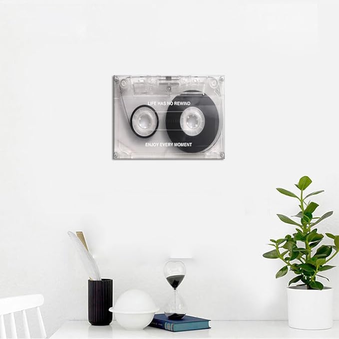 Cassette Music Wall Art with Life Has No Rewind Enjoy Every Moment Motivation Words,Inspirational Vintage Framed Art Posters Stretched and Framed Ready to Hang -12"X16"