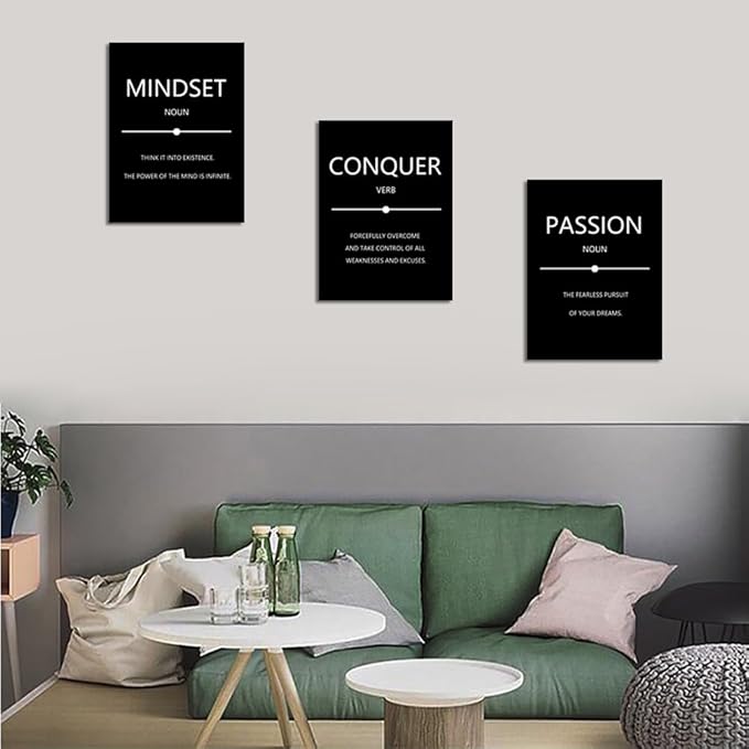 Unbruvo Motivational Wall Decor for Office, 3 Pieces Inspirational Canvas Wall Art, Mindset Passion Conquer Canvas Poster, Positive Quotes for Entrepreneur Meeting Room Lobby Bedroom(48''Wx 24''H)