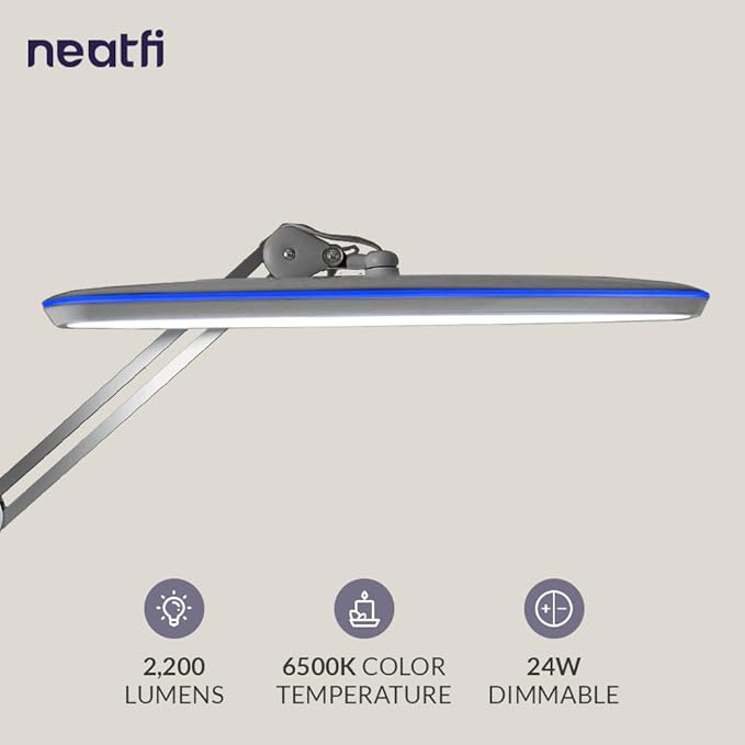 Neatfi XL 2,200 Lumens 24W LED Desk Lamp – 23” Wide Shade | Dimmable Eye-Caring Task Light | Adjustable Arm | Home Office, Study, Crafts & Nail Tech (Silver, Non-CCT with Clamp)
