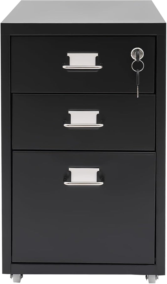 3 Drawer File Cabinet with Lock, Metal Vertical Filing Cabinets for Home Office Organizer Rolling File Cabinet with Lock and Wheels Under Desk Storage Cabinet (Black)