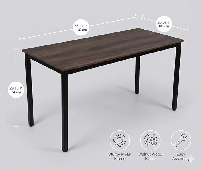 55 inch Large Computer Desk Wood, Modern Simple Style Desk for Home Office, Bedroom, Study Student Writing Desk, Small Spaces, Black Metal Frame, Walnut Top