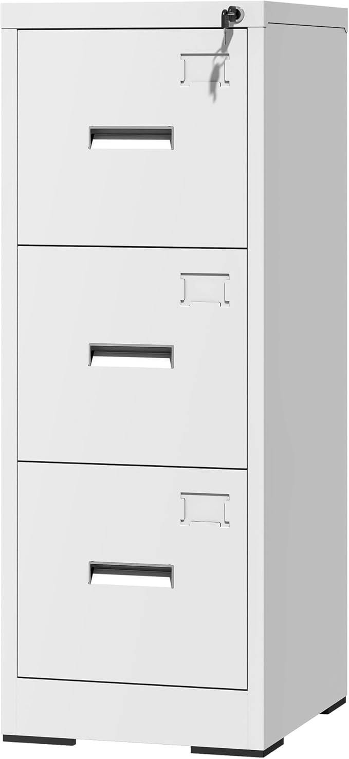 3 Drawer File Cabinet with Lock and Card Slot, Vertical Steel Filing Cabinets for Home Office, Small Metal File Cabinets for Hanging Legal Letter Size Files, Assembly Required(White)
