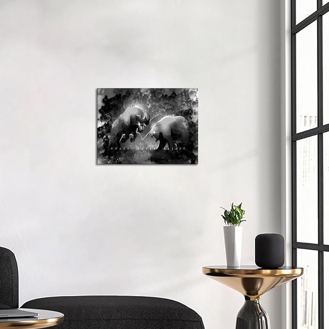 Novatique Money Never Sleeps Inspirational Framed Office Wall Art Trading Bull Wall Decor Creativity Stock Market Bull And Bear Posters for Living Room Bedroom,12 x 16inch