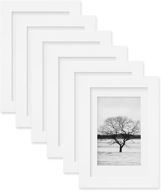 Egofine 4x6 Set of 6, Made of Solid Wood Covered by Plexiglass 3x4.5 and 3.5x5 with Mat or 4x6 without Mat, for Table Top Display and Wall Mounting Photo Frame, White