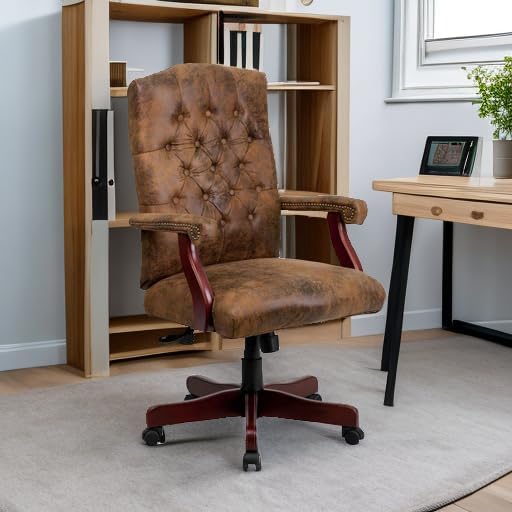 Flash Furniture Derrick Traditional Microfiber Tufted Swivel Office Chair with Wood Base, Ergonomic Farmhouse High-Back Desk Chair, Bomber Brown