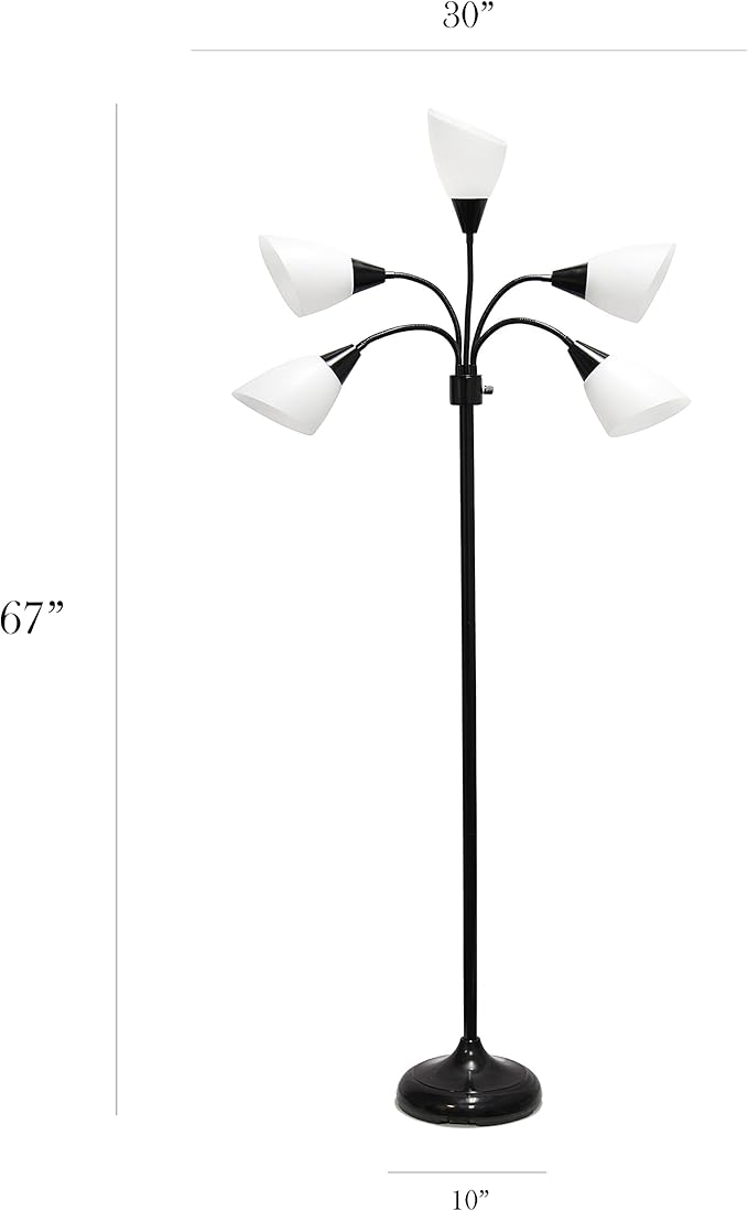Simple Designs LF2006-BAW 67" Contemporary Multi Head Medusa 5 Light Adjustable Gooseneck Black Floor Lamp with White Shades for Kids Bedroom Playroom Living Room Office
