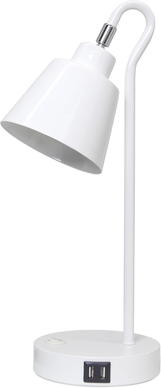 Simple Designs LD1073-WHT 16" Sleek Essentials Metal Looped Desk Task Lamp with Adjustable Shade and Dual USB Ports, for Office, Desk, Nightstand, White