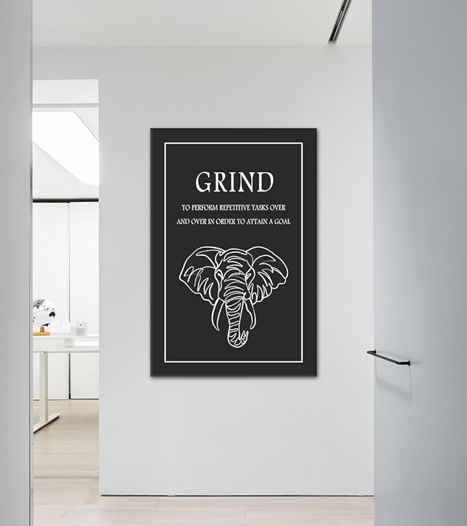 Grind Inspirational Wall Art - Black and White Elephant Head Canvas Print with Encouraging Quote, Success Painting Motivational Quotes Wall Decor for Office Home Gym Living Room, Framed 28"x44"