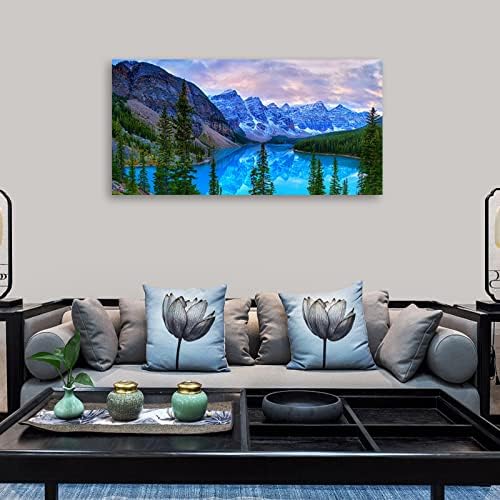 Mountain Lake Wall Art Living Room Wall Decor Banff National Park Nature Landscape Canvas Picture Blue Sky Water Forest Canvas Print Artwork for Bedroom Office Home Framed Ready to Hang 20" x 40"
