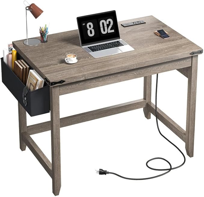 EnHomee 32" Small Desk Thickened & Reinforced with Power Outlet, Sturdy Computer Desk with Storage Bag Detachable,Affordable Luxury Home Office Desk and Writing Desk for Small Spaces,Ash Gray