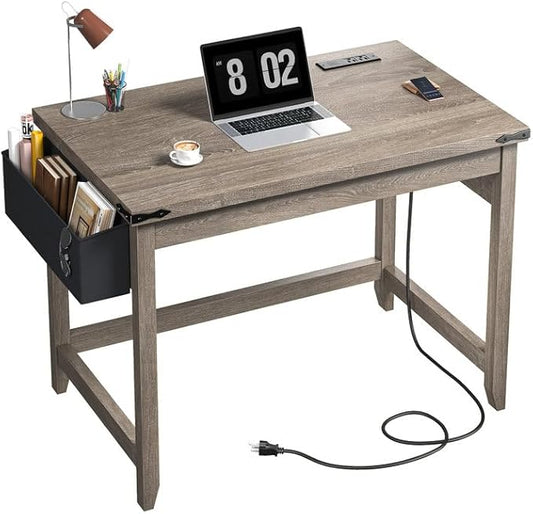EnHomee 32" Small Desk Thickened & Reinforced with Power Outlet, Sturdy Computer Desk with Storage Bag Detachable,Affordable Luxury Home Office Desk and Writing Desk for Small Spaces,Ash Gray