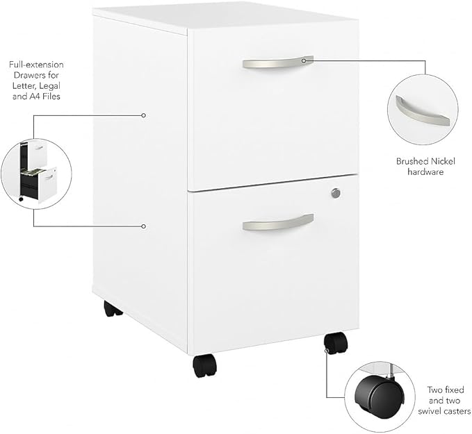 Bush Business Furniture Hybrid 2 Drawer Mobile File Cabinet in White - Assembled