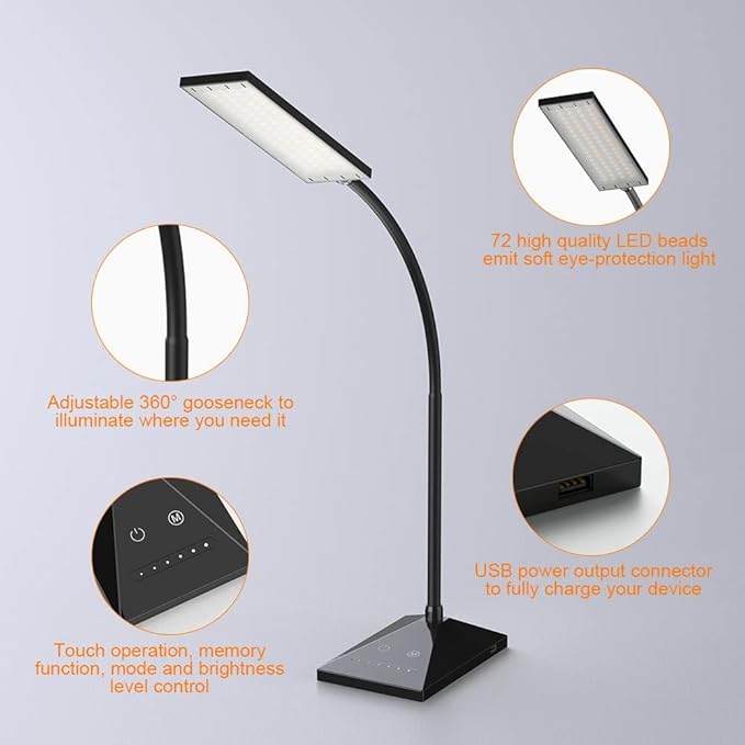 Vansuny LED Desk Lamp with USB Charging Port, Eye-Caring, 5 Color Modes,6 Brightness Levels, Touch Control, Adjustable Neck, Memory Function for Dorm Office Work Bedroom (12W,Black)