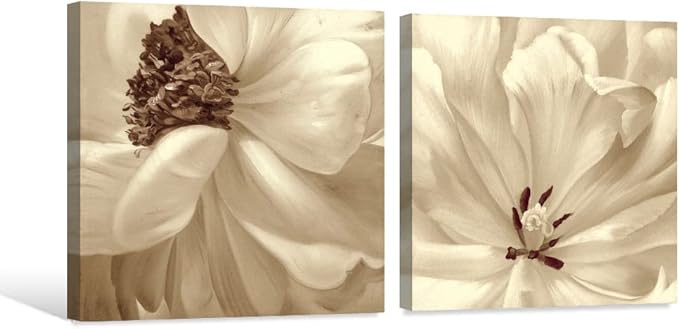 SEVEN WALL ARTS Flower Canvas Wall Art 2 Pieces Neutral Beige Floral Pictures Elegant Blossom Flowers Poster Print for Living Room Bedroom Office Boho Decor 24"x24"