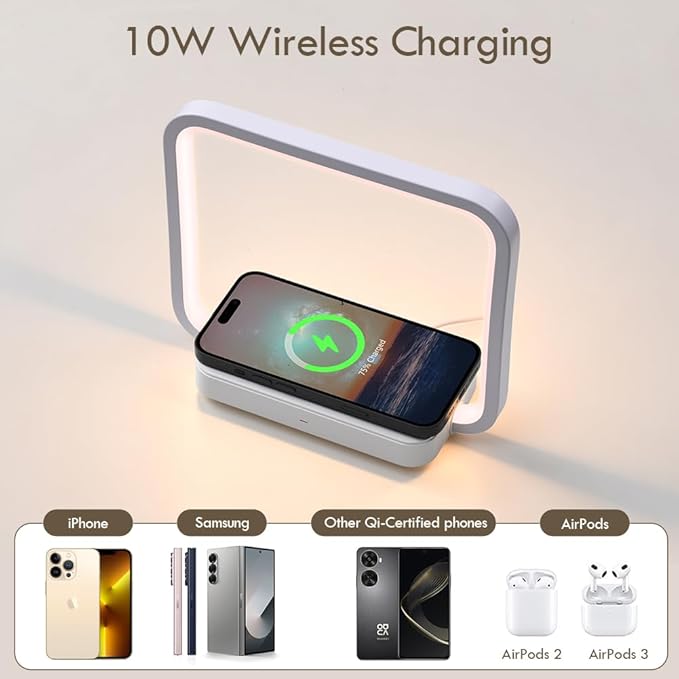 Besides Lamp with Wireless Charging, Table Lamp Touch Control with 10W Fast Charger, Nightstand Lamp with 3-Level Adjustable Brightness, 180° Foldable Arm, Modern Nightlight for Bedroom,Dorm Gift