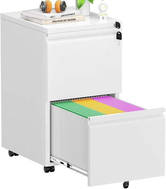 Pataku 2 Drawer File Cabinet, Small File Cabinets with Lock, Metal Rolling Filing Cabinet with 2 Drawer, Filing Cabinets for Home Office Fit A4/Letter/Legal, Easy Assembled, White