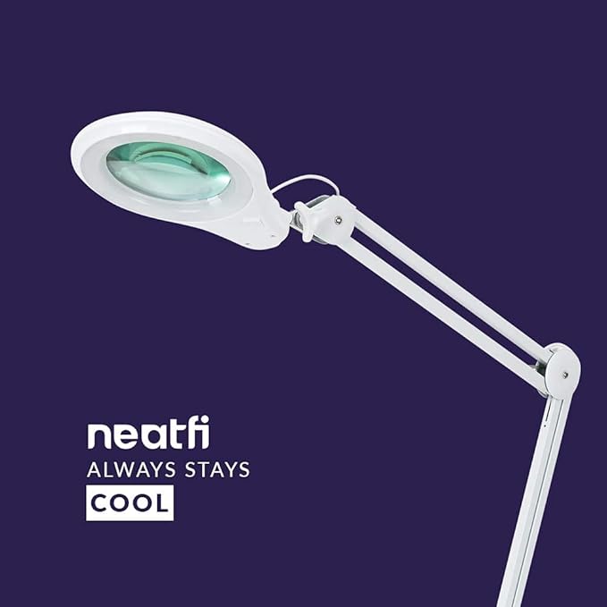 Neatfi LED Magnifying Lamp 1,200 Lumens with Clamp – 5” 5-Diopter Glass Lens, Dimmable Task Light | Adjustable Arm | Reading, Sewing & Crafting (White, 5 Diopter)