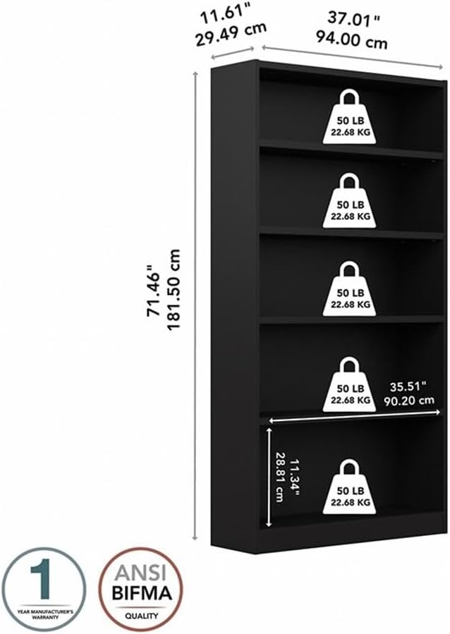 Bush Home Universal Tall 5 Shelf Bookcase in Black, Vertical Storage and Display Bookshelf for Home Office or Living Room Organization