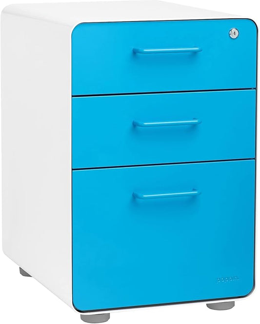 Poppin Stow 3-Drawer File Cabinet - White + Pool Blue, 2 Utility Drawers and 1 Hanging File Drawer, Fully Painted Inside and Out, Powder-Coated Steel, Two Keys Included, Stationary