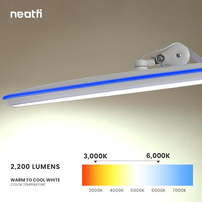 Neatfi XL 2,200 Lumens 20W LED Task Lamp – 23” Ultra-Wide Head | 182 SMD LEDs | 4 Brightness Levels | 3 Light Modes | Eye-Caring, Glare-Free | Adjustable Arm (White, CCT with Clamp)
