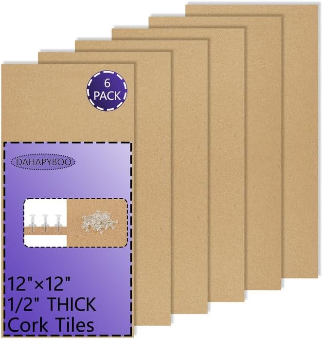 Cork Board 17"x 8" Tiles Bulletin Board 6Pack, 1/2" Thick Self-Adhesive Cork Boards for Walls, Corkboards for Office Home School Message Board or Vision Board Decoration