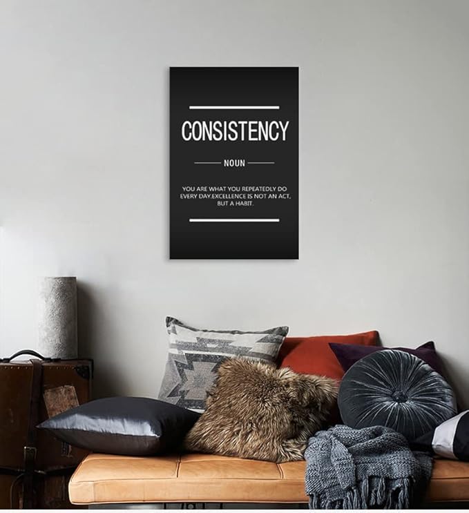 Motivational Posters Inspirational Wall Art Prints on Canvas Inspiring Quotes Consistency Noun Pictures Wooden Artwork Decorations for Living Room School Office Home Framed[12''W X 18''H]