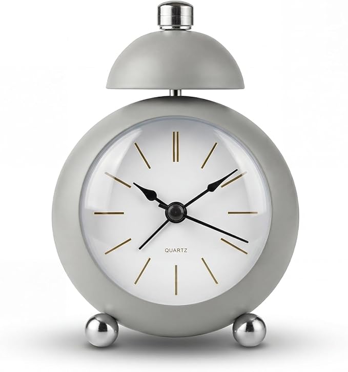 Analog Alarm Clock, Mid-Century Modern Desk Clock, Silent Non-Ticking Quartz Table Clock with Black Hands, Battery Operated Decorative Clock for Bedroom, Office, Living Room (Grey)