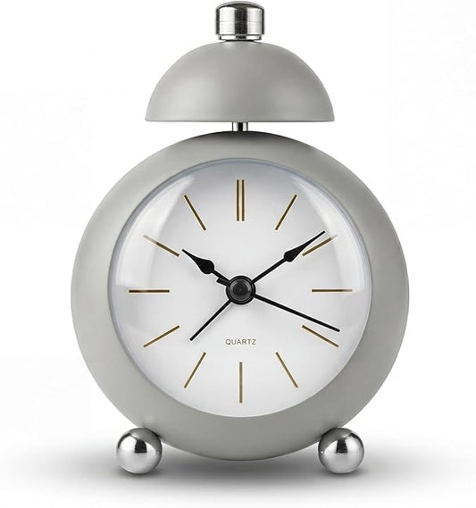 Analog Alarm Clock, Mid-Century Modern Desk Clock, Silent Non-Ticking Quartz Table Clock with Black Hands, Battery Operated Decorative Clock for Bedroom, Office, Living Room (Grey)