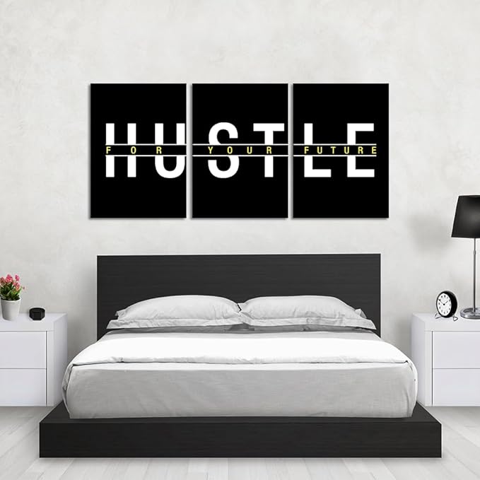 3 Panel Inspirational Office Wall Art - Black and White Canvas Painting Hustle For Your Future Motivational Poster Modern Entrepreneur Artwork Framed Print for Living Room Workplace Home, 20"x 28"x 3