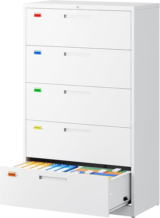 5 Drawer File Cabinet, Lateral Filing Cabinets for Home Office, Office Storage Drawers with Lock, Hanging Files Legal/Letter A4 Size (Assemble Required,White)