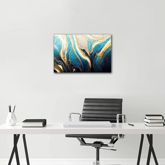 Abstract Wall Art for Living Room 1 Panel Modern Canvas Artwork Decor Turquoise Gold and White Colors Marble Art Poster Prints on Canvas for Men Lady Office Wall Decor Framed Ready to Hang 18x12 in