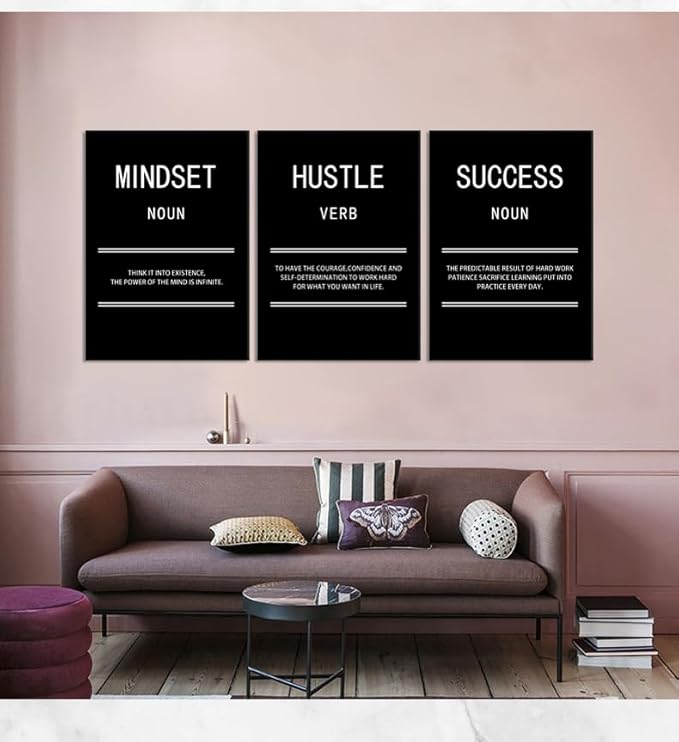 Motivational Canvas Wall Art for Office Mindset Hustle Success 3 Panel Print Inspirational Poster Painting Modern Inspiring Artwork for Home Living Room Gym Decor Ready to Hang [60''Wx 28''H]