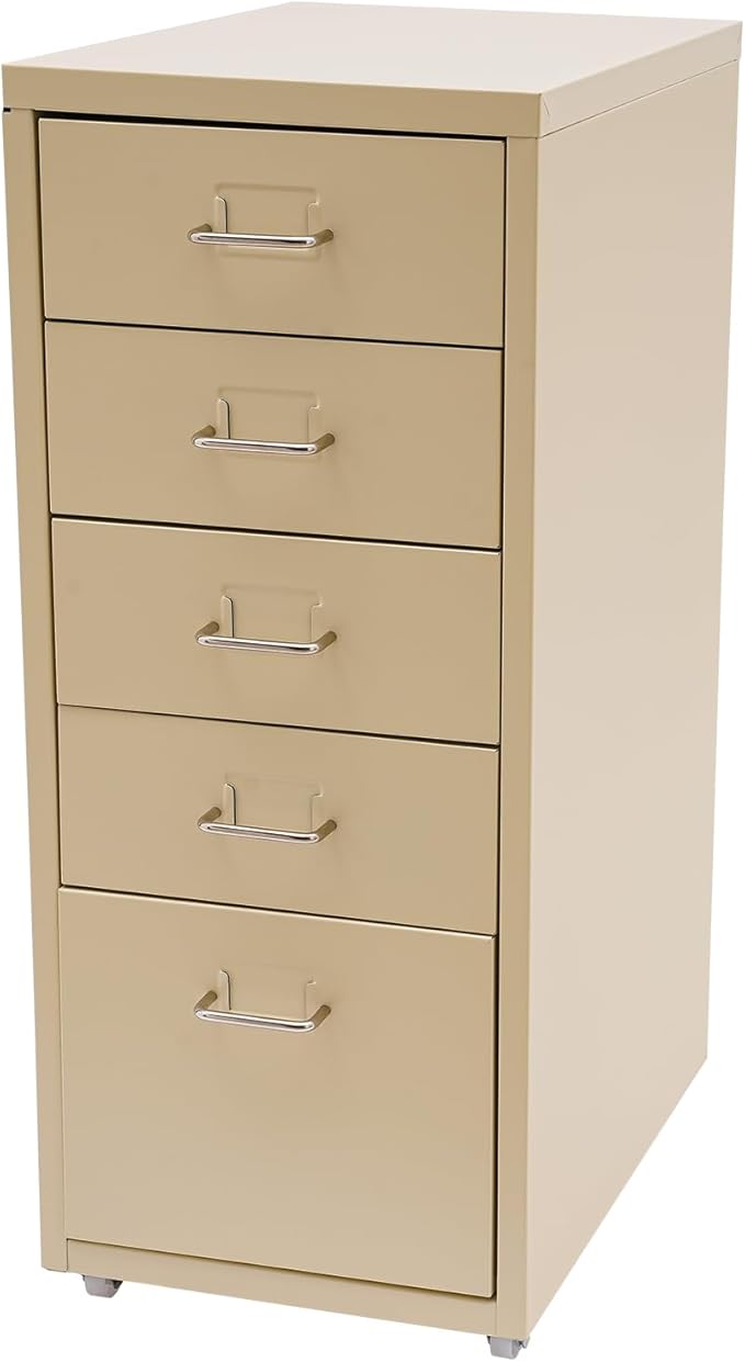 Metal File Storage Cabinet, 5 Drawer Vertical Filing Cabinets with Wheels Under Desk Storage Drawers, 11 * 16.1 * 27.1in Mobile File Cabinets Under Desk Cabinet for Bedroom, Office (Beige)