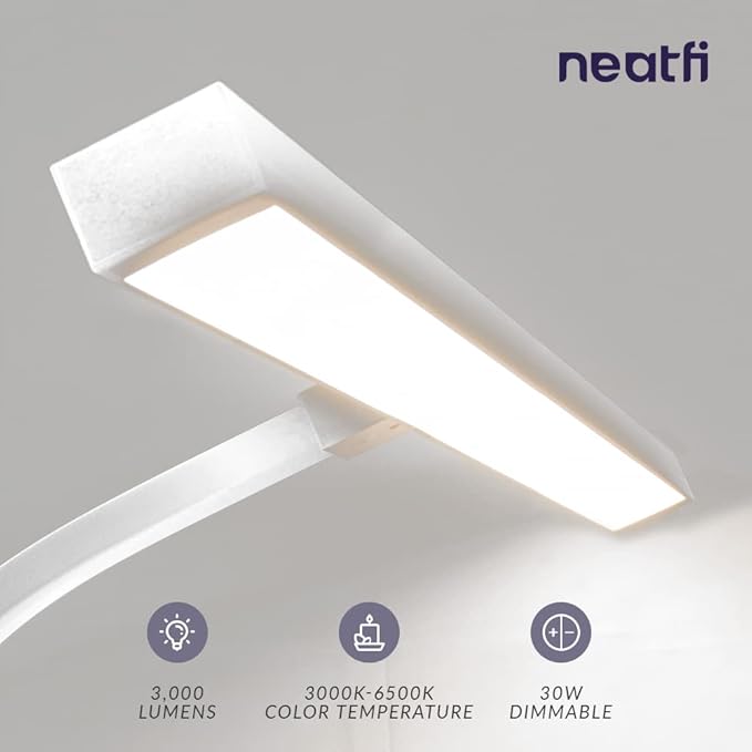 Neatfi 3,000 Lumens LED Desk Lamp with Clamp | Dimmable | 5 Brightness Levels & 5 Light Modes | Memory Function | Eye-Caring Flexible Lamp for Home & Office (28 Inches, White)