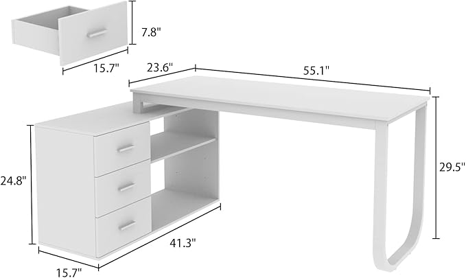 FUFU&GAGA 55.1" Large L-Shaped Office Desk with 41.3" File Cabinet, Corner Computer Desk with 3 Drawers & 2 Shelves, Workstation Executive Desk with Storage Shelf for Home Office - Beige