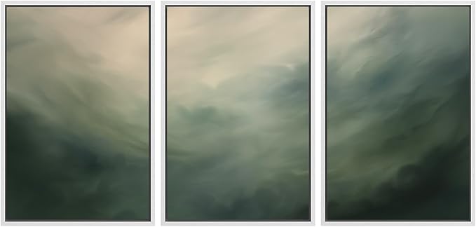 SIGNWIN Framed Canvas Print Wall Art Set Green Abstract Cloudy Landscape Illustrations Modern Art Decorative Boho Relax/Zen Nordic for Living Room, Bedroom, Office - 24"x36"x3 White