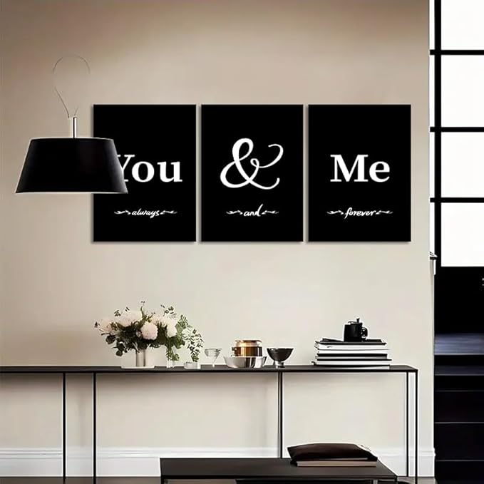 3 Piece Black and White Wall Art - Simple Words You and Me Canvas Print Scandinavian Minimalist Bedroom Wall Decor Modern Artwork Framed Posters for Living Room Home, Ready to Hang (12" x 16" x 3)
