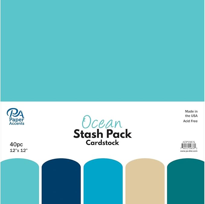 PA Paper Accents Stash Pack Cardstock Pack 12" x 12" Ocean colored cardstock paper for card making, scrapbooking, printing, quilling and crafts, 65lb., 40 pieces
