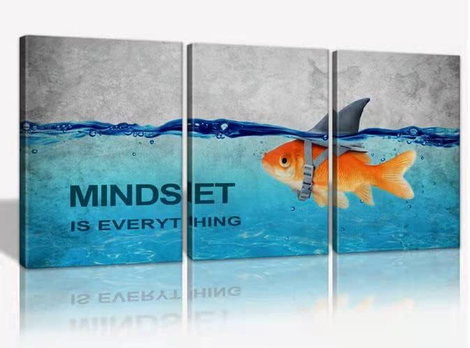 KAWAHONE 3 Panels Modern Framed Inspirational Quote Canvas Wall Art-Mindset is Everything Goldfish Strong Shark Motivational Posters Framed, Bathroom Bedroom Office Decor Framed Ready to Hang