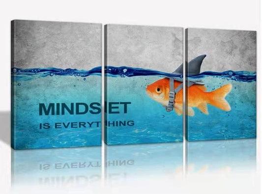 KAWAHONE 3 Panels Modern Framed Inspirational Quote Canvas Wall Art-Mindset is Everything Goldfish Strong Shark Motivational Posters Framed, Bathroom Bedroom Office Decor Framed Ready to Hang