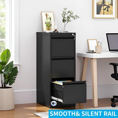 3 Drawer File Cabinet with Lock, Vertical Metal Filing Cabinet for Home Office, Locking File Cabinets for Legal/Letter Size Hanging File Folders (Black)