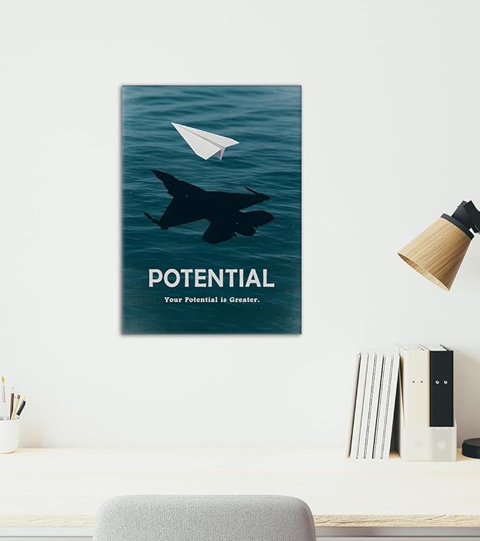 Potential Motivational Canvas Wall Art with Paper Plane & Your Potential is Greater Quote Inspirational Wall Decor for Office Living Room Home, Ready to Hang & Framed 12x16 inch