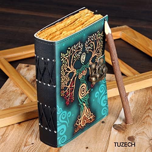 TUZECH Book of Spells Leather Bound Journal Deckle Edge Paper Grimoire Printed Diary Third Eye witchcraft supply and Witch Spell Notebook Antique Vintage Book for Men and Women (Green Lady)