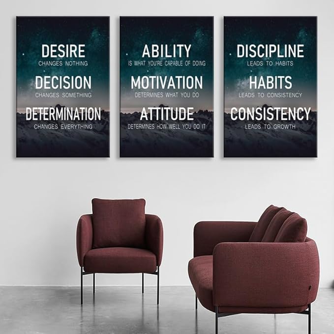 WYJDFART “The Elements of Success:Discipline-Habits-Consistency-Attitude -Determination” Motivational Wall Decor Set of 3 for Home Gym Bedroom Living Room [72''Wx 36''H]
