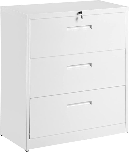 Lateral File Cabinet, 3 Drawers Metal Lockable Filing Cabinet for Commercial Grade Office Legal and Letter File (White)