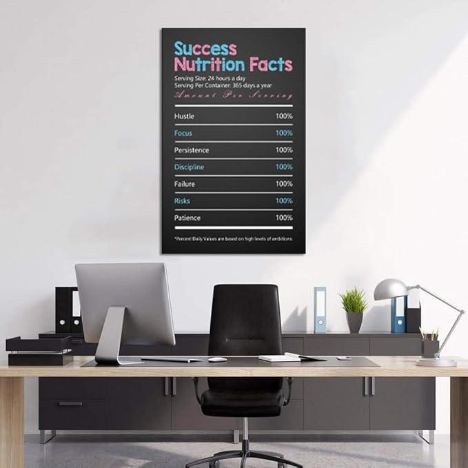 Success Nutrition Facts Wall Art - Inspirational Quotes Wall Decor Black Office Picture Artwork Motivational Poster Inspiring Prints Modern Canvas Painting Framed for Living Room Home, Large 28"x 44"