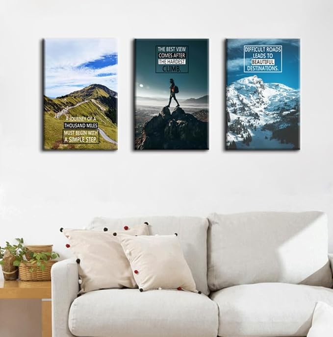 WYJDFART 3 Panel Poster Motivational Mountain Wall Art Inspirational Landscape Positive Quote Canvas Posters for Office Wall Decor,Gym, Living Room & Bedroom Framed Ready to Hang [48''Wx 24''H]